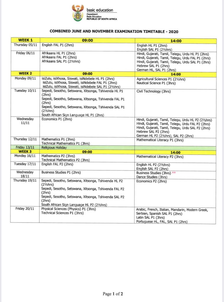 2020 exam timetable